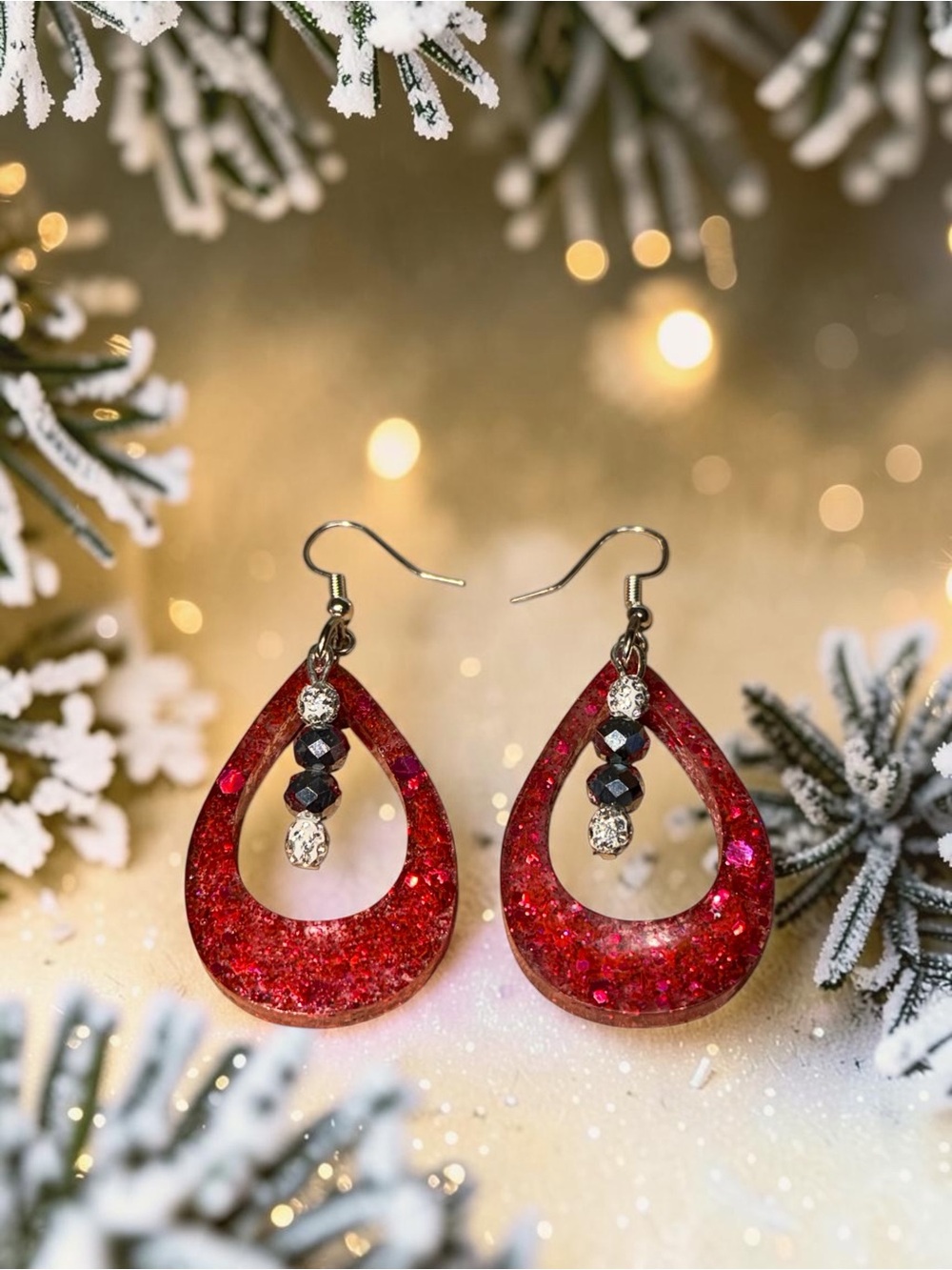 Handmade Ruby Red Glitter Resin Teardrop Earrings | Sparkling Holiday Jewelry - Picture 5 of 5